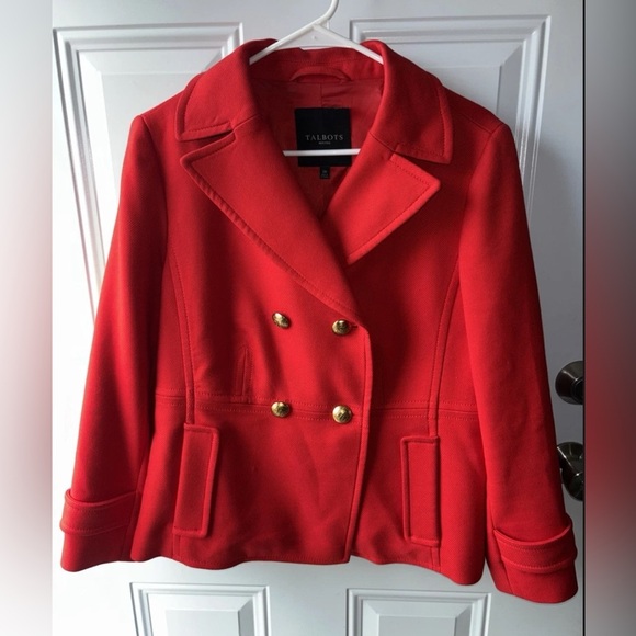 Talbots Jackets & Blazers - Talbots Red Wool Pea Coat Size 12 p  Gold Buttons Double Breasted Vintage Jacket